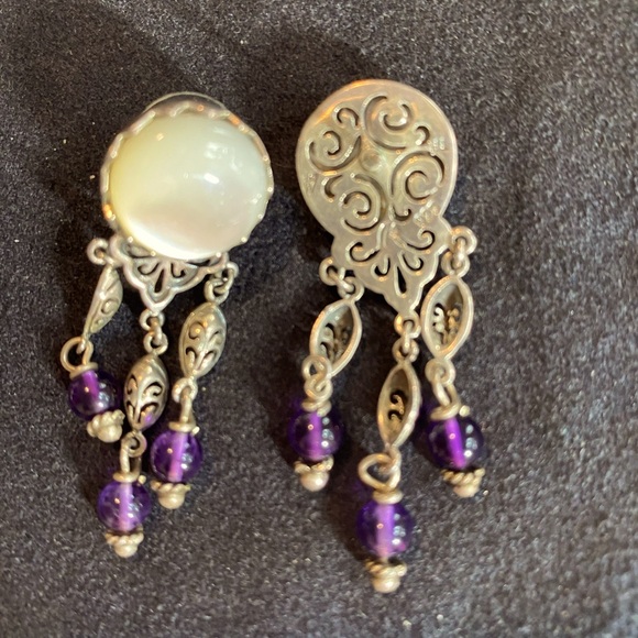 Jewelry - Vintage Sterling Silver Filigree Earrings Mo Pearl Amethyst Drops Hallmarked